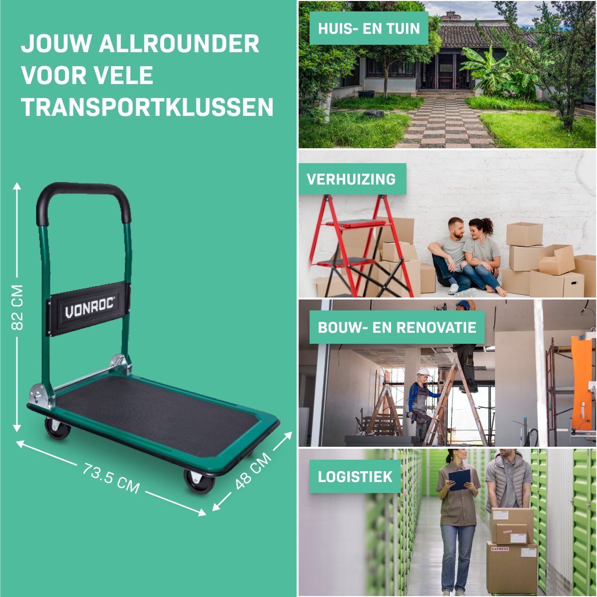 VONROC Plateauwagen/transportwagen – Opvouwbaar – Draagvermogen max. 150kg – foto 4