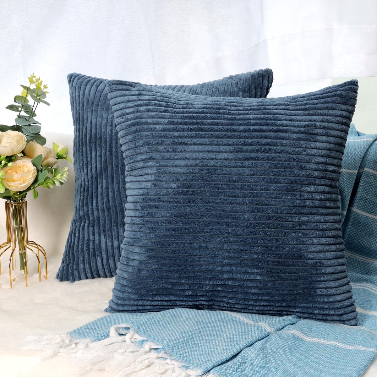 Ibenzoa Set van 2 Corduroy Kussenslopen, Effen, 40x40 cm - Zachte Textiel voor Banken en Sierkussens jeansblauw