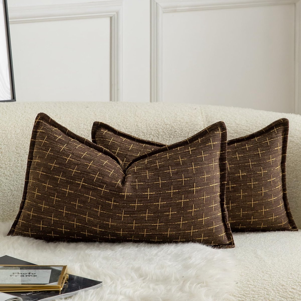 Ibenzoa Set van 2 Kussenslopen van Heneppdoek met Geweven Textuur – Moderne Boerderij Stijl – 30 x 50 cm – Diepbruin