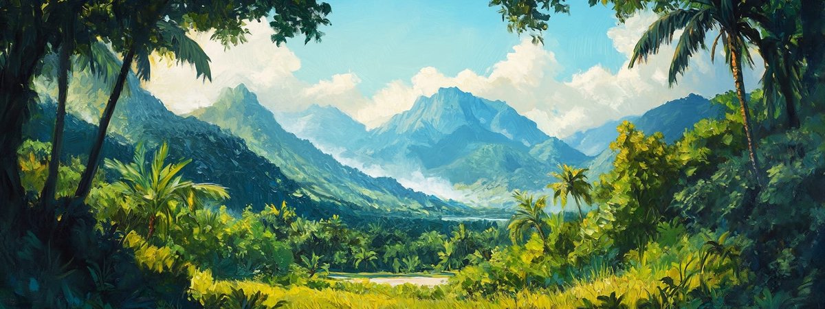 Tuinposter Tropische Berg - Natuur Tuinposters voor Buiten - Tuin decoratie - 610 gram PVC - Weerbestendig Tuindoek - GW5597AZ - Formaat 120 x 45cm