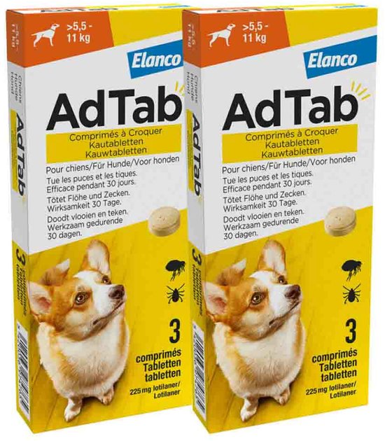 Twee dozen AdTab kauwtabletten voor honden 5,5-11 kg.