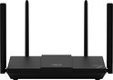 Zwarte ASUS WiFi 7 router met vier verstelbare antennes. Zilverkleurig ASUS-logo op de bovenkant.