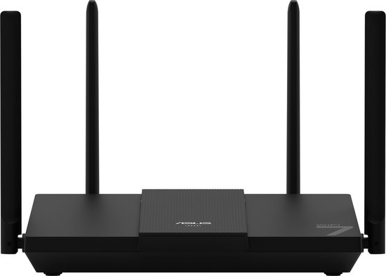 Zwarte ASUS WiFi 7 router met vier verstelbare antennes. Zilverkleurig ASUS-logo op de bovenkant.