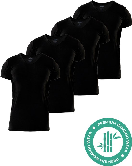 T-shirt en Bamboe SQQUADD® pour homme - Coupe ajustée - Col en V- Taille XL - Lot de 4 - Doux et respirant - T-shirt anti-transpiration - Maillot de corps pour homme - Zwart