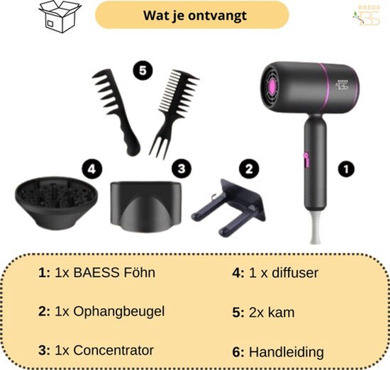 BAESS Föhn met diffuser - Reisföhn Inklapbaar - Ionische Haardroger - 2000W - Coolshot - Krullen - Haarföhn - Hair Dryer - Grijs