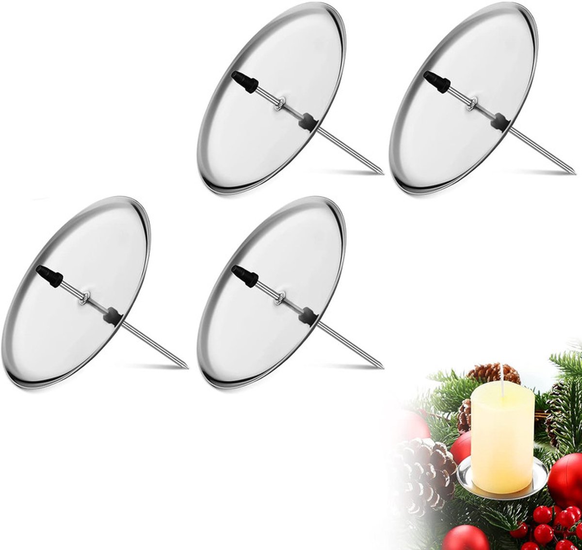 Set van 4 sokkelkaarshouders - 7,5 cm kerstkrans kaarsenhouder decoraties - Ambiance Arrangement kaarsenhouder - Ronde ijzeren plaat kaarsenhouders - Perfect voor doe-het-zelf krans Advent Kerst tafeldecoraties - Voor stompkaarsen