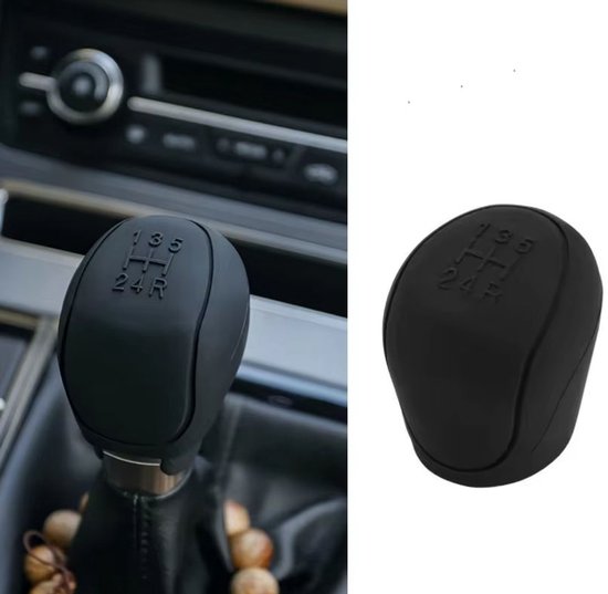Collage: linker afbeelding toont een zwarte pookhoes op een versnellingspook in een auto, rechter afbeelding toont een zwarte pookhoes.