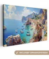 Peinture sur toile 120x80 cm - Décoration murale Village côtier - Tableau - Rochers - Bateaux - Décoration murale salon - Décoration chambre - Accessoires chambre - Peintures sur toile