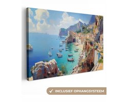 Canvas schilderij 120x80 cm - Exclusieve wanddecoratie Kustdorp - Schilderij - Rotsen - Boten - Muurdecoratie woonkamer - Slaapkamer decoratie - Kamer accessoires - Schilderijen op canvas