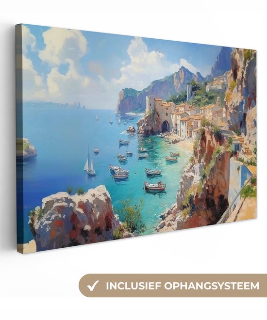 Canvas schilderij 120x80 cm - Exclusieve wanddecoratie Kustdorp - Schilderij - Rotsen - Boten - Muurdecoratie woonkamer - Slaapkamer decoratie - Kamer accessoires - Schilderijen op canvas