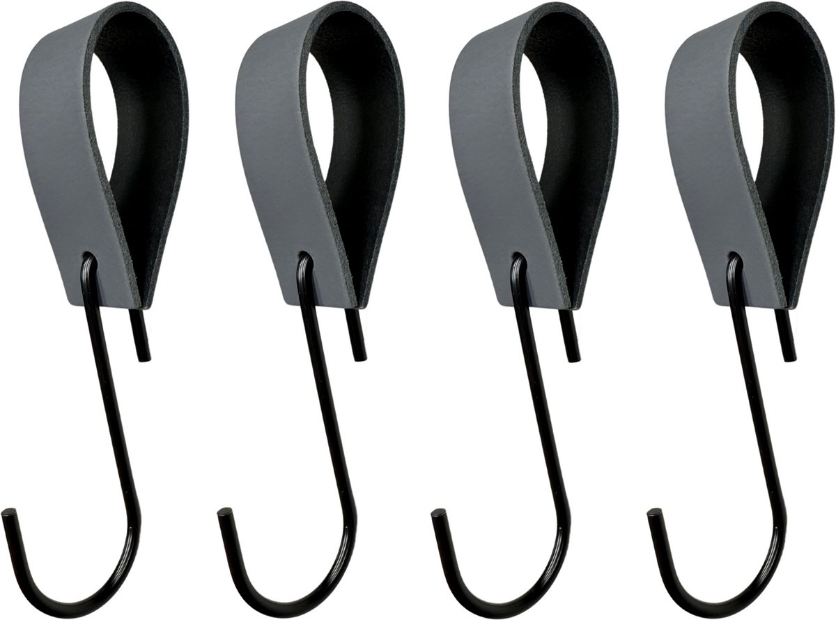 Leathergoodz - Leren S-haak hangers - Donkergrijs - 4 stuks - 16 x 2,5 cm - max ø38mm - Leer - handdoekhaakjes - Ophanghaken – kapstokhaak