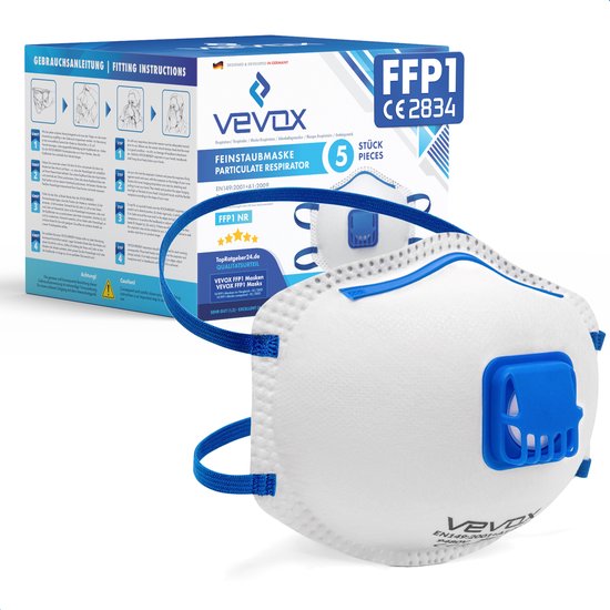 VEVOX® Stofmasker FFP1 – Set van 5, 10 of 20 – Mondkapje – Dust Mask – Masker met ventiel – Adembescherming bijv. tegen fijnstof, schuurstof of bouwstof