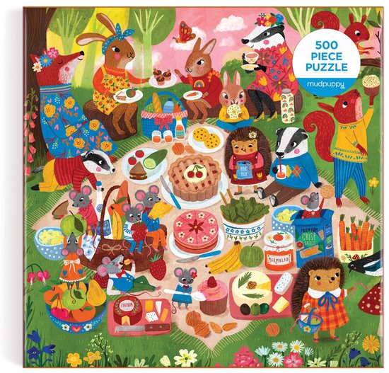 De voorkant van een Mudpuppy 500-delige puzzel met 'Woodland Picnic' thema: dieren in het bos bij een picknick.