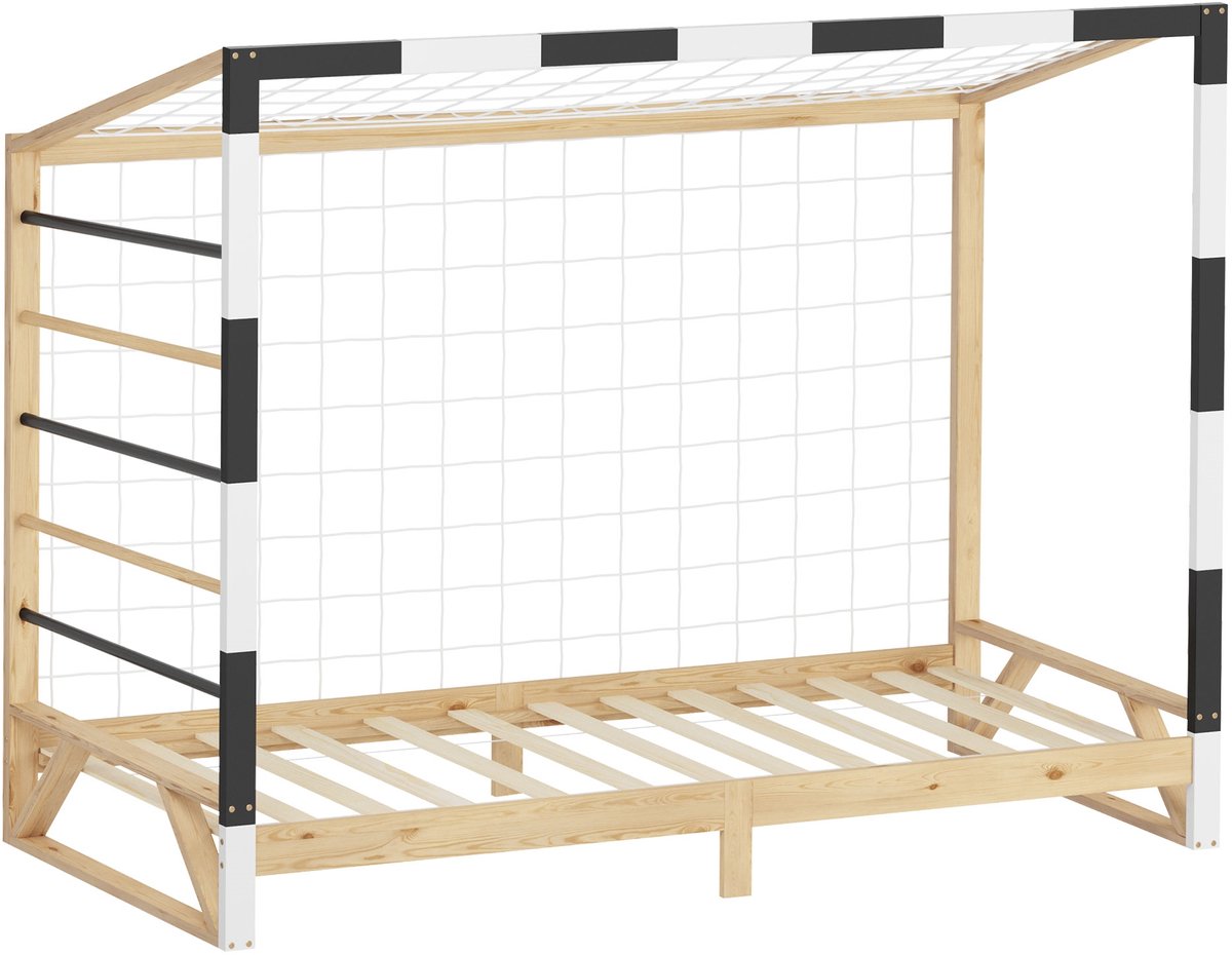 ML-Design | Kinderbed in de vorm van een voetbaldoel, 90 x 200 cm, van massief grenenhout; houten bed met lattenbodem en doelnet; handbaldoel