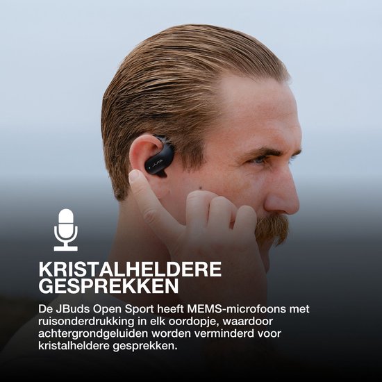 JLab JBuds Open Sport Draadloze Oordopjes - Open Ear Sport Oortjes - 26 uur Batterijduur - IP55 Zweetbestendig - Bluetooth 5.3 - Multipoint - USB C - Zwart