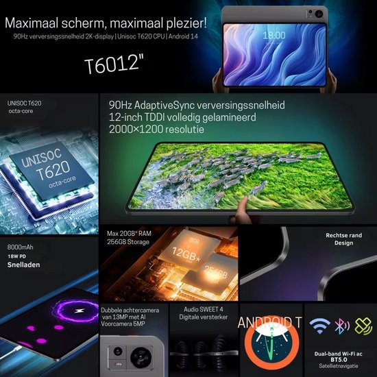 Tablette Teclast T60 12 pouces Android 2000x1200 T620 8 Core , 20 Go de Ram max., 256 Go de ROM, 4G LTE Type-C, 8 000 mAh, Widevine L1 - Tablette et étui