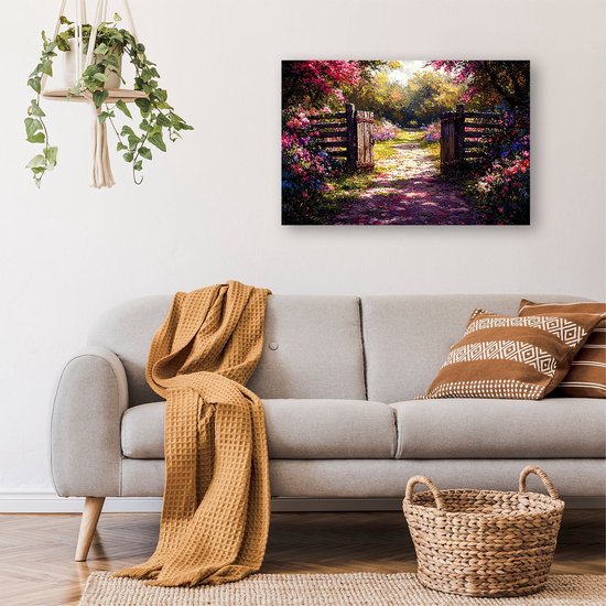 Houten poort naar bloemenpad - Natuur muurdecoratie - Muurdecoratie poort - Impressionisme - Design posters - Decoratie kamer - poster 60x40 cm
