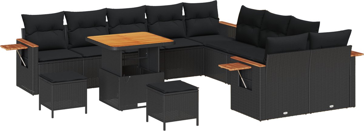 vidaXL - Tuinbank - Set - 13 - pcs - Zwart - Poly - Rattan - en - Poedergecoat - Staal