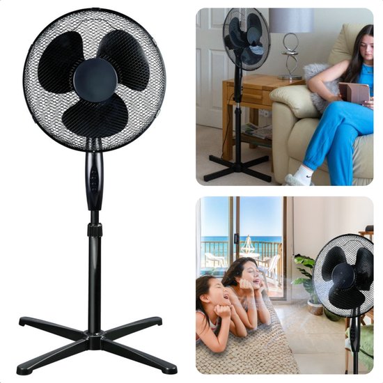 Statiefventilator 40 cm zwart 45W verstelbaar 3 snelheden stille motor krachtige luchtstroom voor thuis
