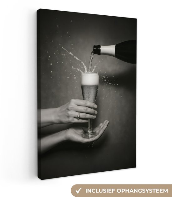 Tableau sur toile 80x120 cm - Décoration murale Bouteille de champagne - Glas - Minimaliste - Éclaboussures - Décoration murale salon - Décoration chambre - Accessoires chambre - Peintures sur toile