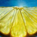 Close-up van een sappige, gele citroenschijf tegen een helderblauwe hemel.
