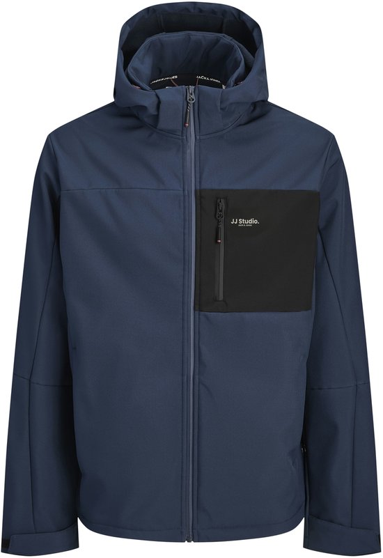 Veste à capuche bleu marine pour garçon Jack & Jones, avec fermeture éclair et poche poitrine noire avec logo.