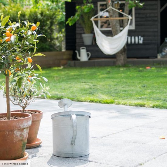 Zinken gieter naast twee potten met kleine oranje vruchten in een tuin.