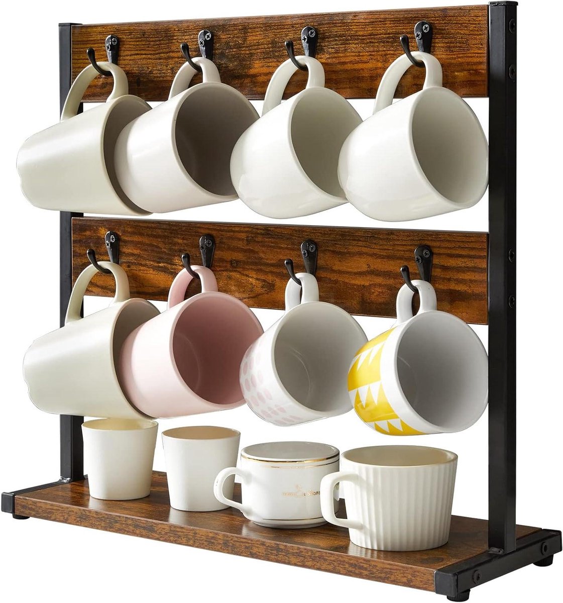 Rustieke 2 Tier Koffiemok Houder Standaard met Opbergbasis - Vintage Mokkenhouder voor 16 Mokken, Rustiek Bruin