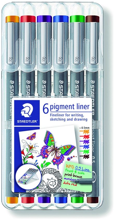 Set de 6 feutres Staedtler pigment liner à capuchons argentés, dans un emballage transparent. Les extrémités des capuchons sont colorées : orange, rouge, violet, bleu, vert, marron.