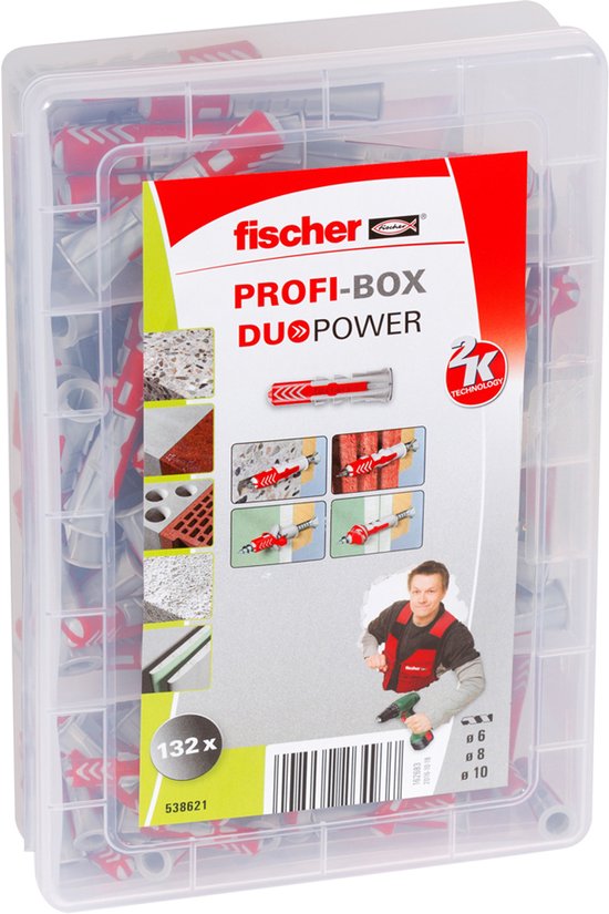 Fischer Profi-Box DuoPower assortiment met 132 pluggen, in een transparante koffer, met afbeeldingen van pluggen en montage.