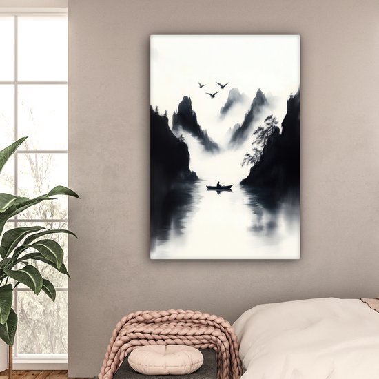Tableau sur toile 80x120 cm - Décoration murale exclusive Bateau à rames - Brumeux - Montagnes - Vogels - Décoration murale murale salon - Décoration chambre - Accessoires chambre - Peintures sur toile