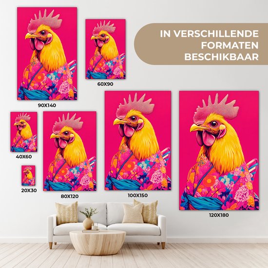 Tableau sur toile 80x120 cm - Décoration murale exclusive Coq - Coloré - Kimono - Rose - Décoration murale salon - Décoration chambre - Accessoires de chambre - Peintures sur toile