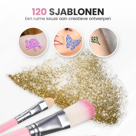 Un pochoir de tatouage rose sur la peau, un papillon bleu sur le visage, une fleur verte sur le bras, et des pinceaux à paillettes.