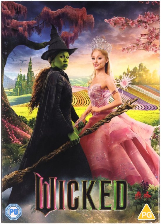 De Groene Heks draagt een zwarte puntmuts en mantel, naast een prinses in een roze jurk. De titel 'WICKED' staat onderaan.