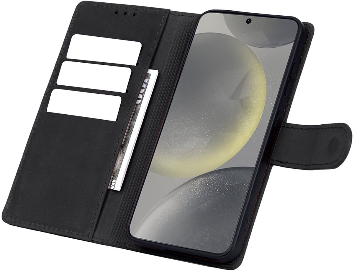 CaseMania Bookcase hoesje geschikt voor Samsung Galaxy S25+ - Effen Zwart - Leer