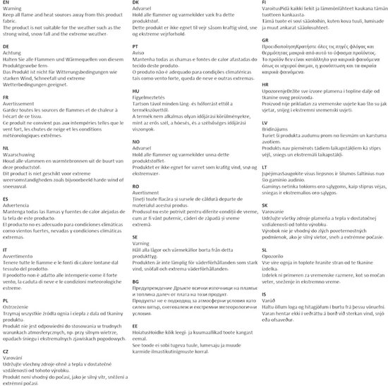 Texte en plusieurs langues, y compris l'avertissement que la tente ne convient pas aux intempéries, à la neige abondante ou aux conditions météorologiques extrêmes.