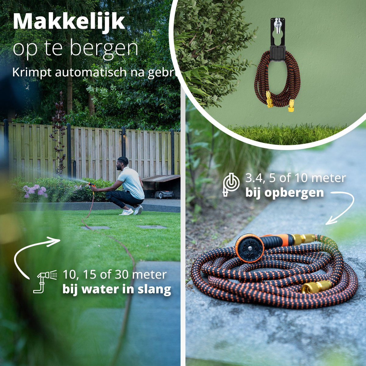 VOUNOT Flexibele Tuinslang 15m, Flexibele Waterslang Rekbaar met 10 Sproeifuncties, Snelkoppelingen & Muurbevestiging, Groen