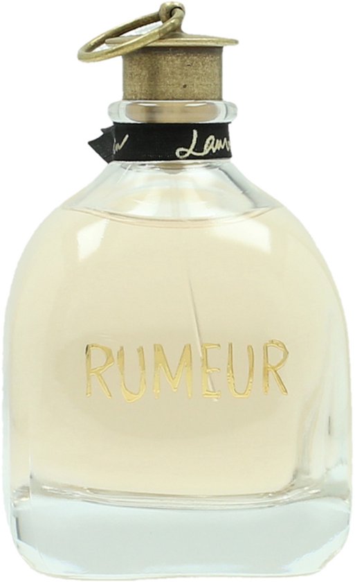 Glazen parfumflesje met gouden letters "RUMEUR", een zwart lint met "Lanvin" en een gouden dop.