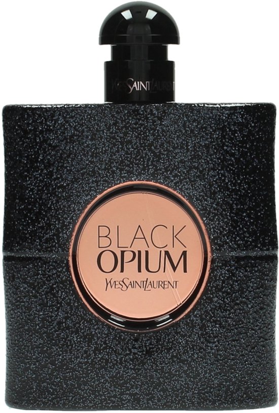 Zwarte flacon met glitterafwerking en rond koperkleurig etiket met 'BLACK OPIUM'.