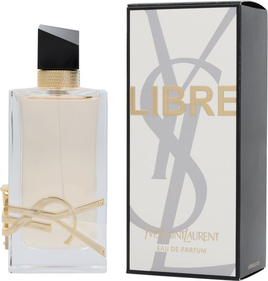 Parfumfles met gouden 'YSL'-logo en doosje met 'LIBRE' in gouden letters.