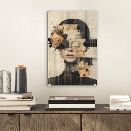 MuchoWow® Glasschilderij 20x30 cm - Schilderij acrylglas - Gezicht - Bloemen - Zwart - Vrouw - Foto op glas - Muurdecoratie woonkamer - Wanddecoratie slaapkamer - Schilderijen