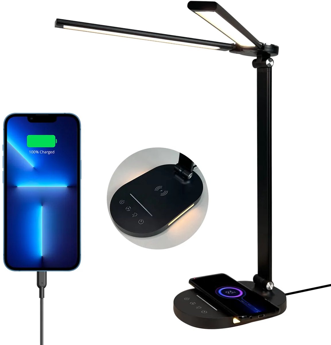 Lampen District ® - Bureaulamp LED - Tafellamp zwart - Dimbare LED - 5 kleurmodes 5 helderheidsniveaus - Draadloos opladen - USD - desk