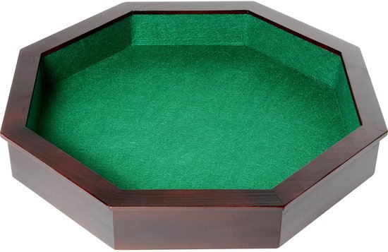 Een achthoekige dobbelbak met een donkerhouten rand en een groene, vilten binnenkant.