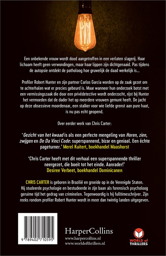 Achterkant van het boek "Jager in de nacht" met tekst en een gloeilamp