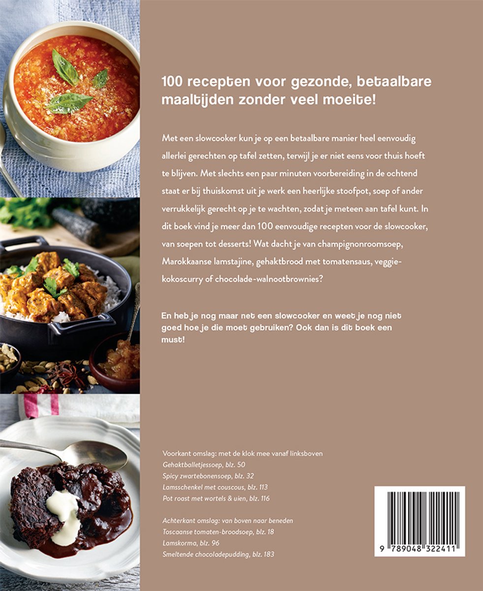 Boekomslag met 3 gerechten: tomatensoep, kipcurry met rijst, chocoladepudding.