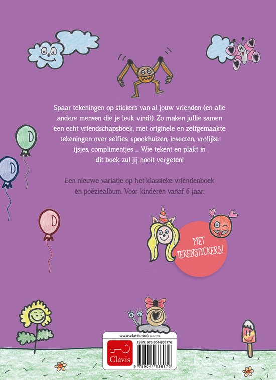 Paarse achtergrond met tekst over het verzamelen van tekeningen voor een vriendschapsboek, en diverse vrolijke figuren.