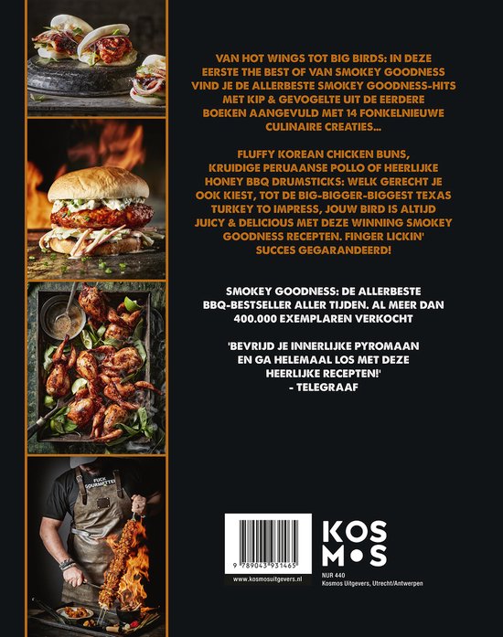 Boekomslag 'Smokey Goodness: The Best of BBQ Birds' met collage van kipgerechten en tekst.