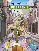 Voorpagina van het boek 'De erfenis'. Een man met kind op armen rent door een oorlogsstraat. Kinderen kijken verrast naar een lichtgevende doos.