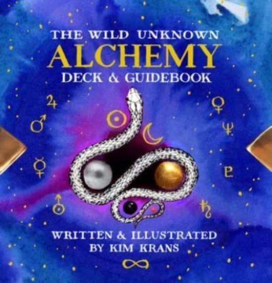 The Wild Unknown Alchemy Deck & Guidebook met een zilveren slang die zich om twee bollen wikkelt op een nachtblauwe achtergrond.