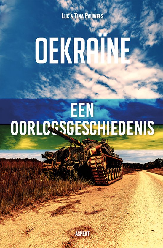 Boekomslag met een verwoest tank op een veldweg onder een dramatische hemel. De kleuren geel, blauw en groen vormen de achtergrond.